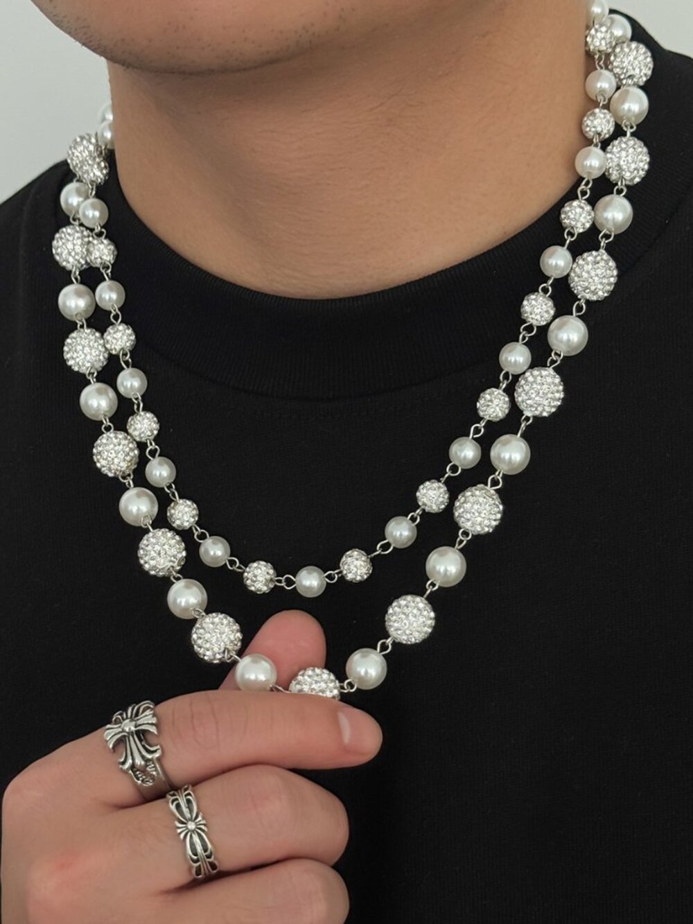 Double Layer Faux Pearl & Crystal Statement Necklace | Unisex
